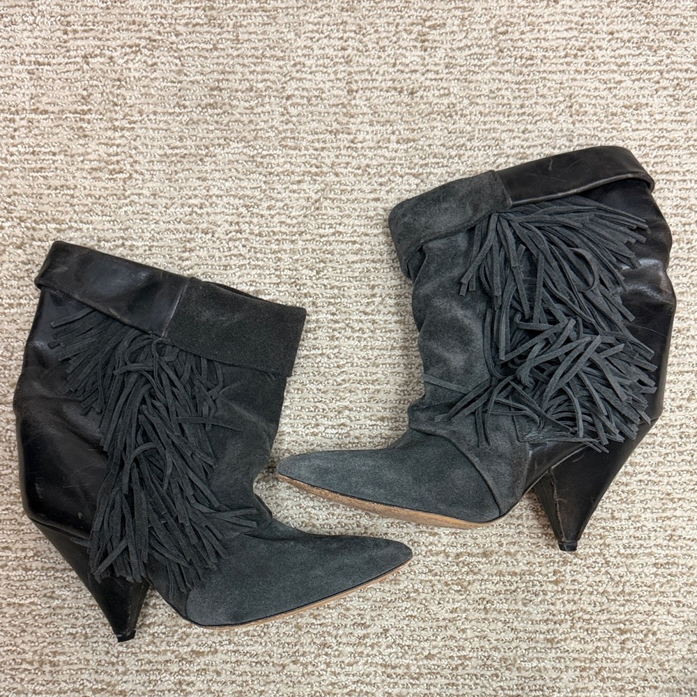 Isabel Marant pour H&M grey black leather Fringe Suede Ankle Boot wedge shoes 40